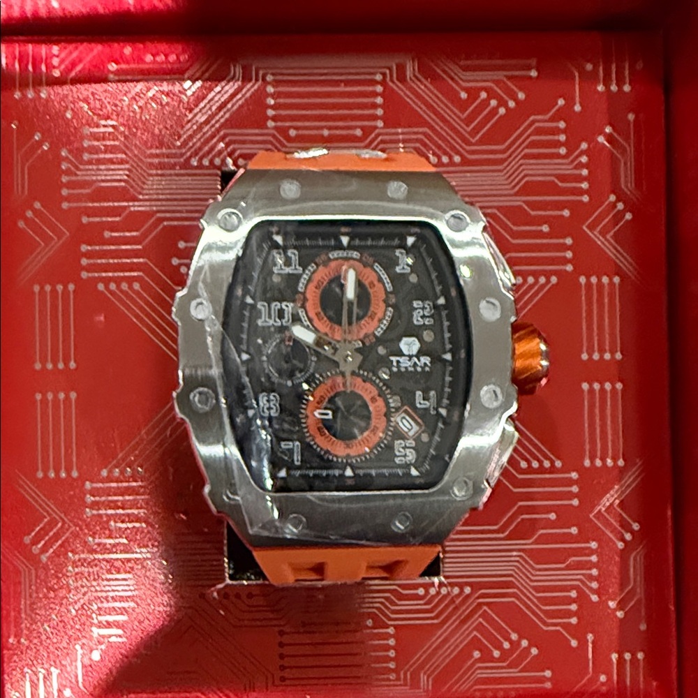 Men's Silver and Orange Watch